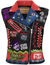 Colorful Montage Spiked Studwork, Men Fashion Patches Leather Outfit, Cannibal Crops Vest Jacket, Punk Rock Suicidal Tendencies Biker Wear,